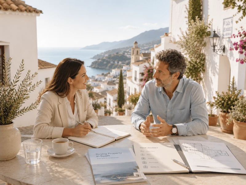 Mediterranean-style illustration representing ClearCasa's practical local guidance for property buyers in Spain