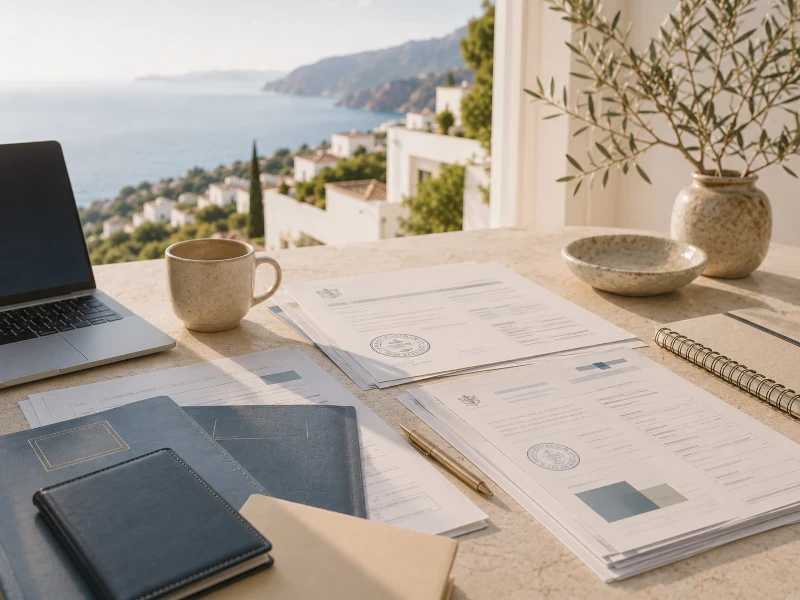 Illustration of unfamiliar Spanish property paperwork being organised into a clearer buyer process