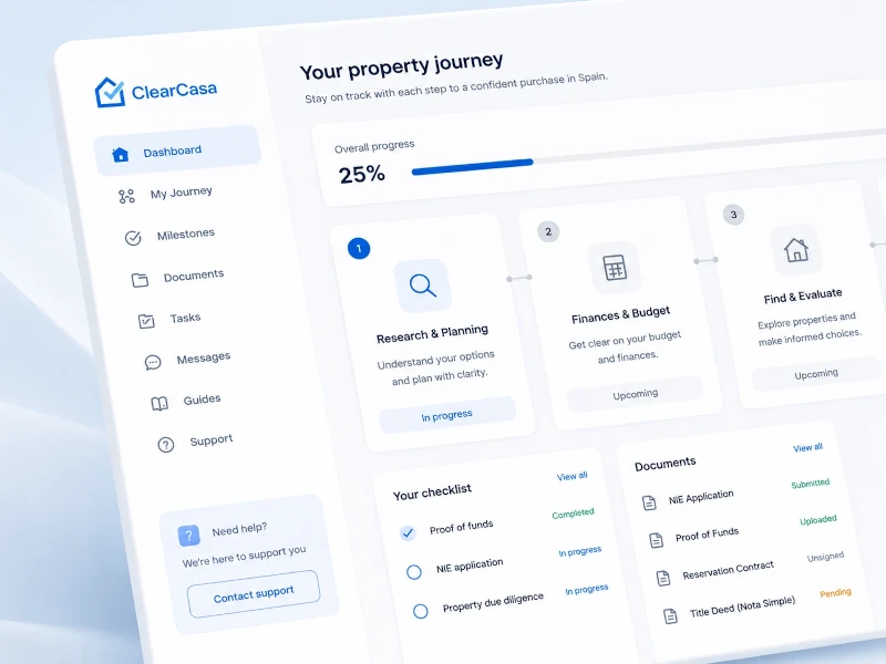 Illustration of the ClearCasa Buyer Hub dashboard for organising a Spanish property purchase