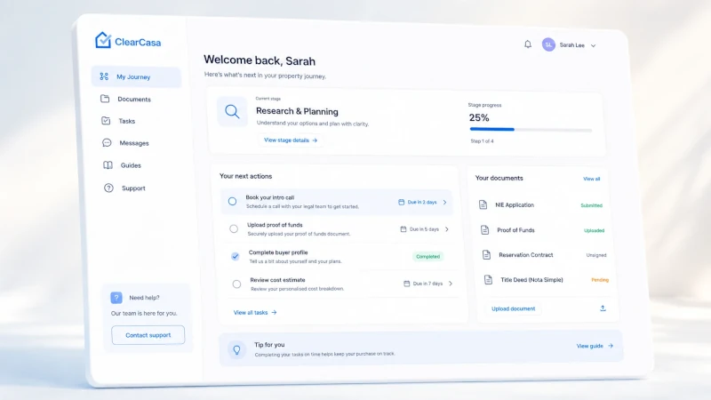 Illustration of a ClearCasa Buyer Hub workspace with milestones, checklists, guidance, and next actions