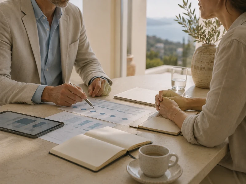 Illustration of professionals involved in a Spanish property purchase, including agents, lawyers, lenders, and notaries