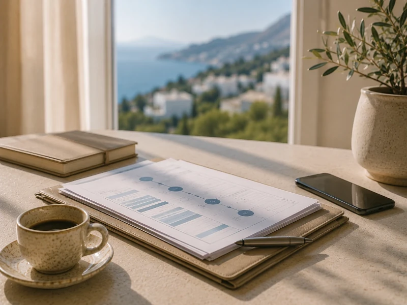 Illustration showing important moments where buyers should pause during a Spanish property purchase