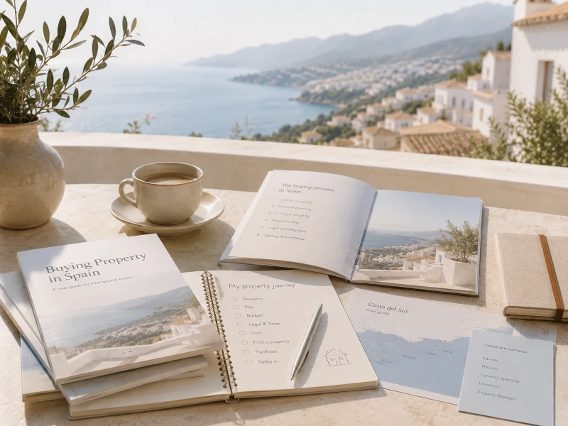 Mediterranean-style illustration representing ClearCasa guides for buying property in Spain