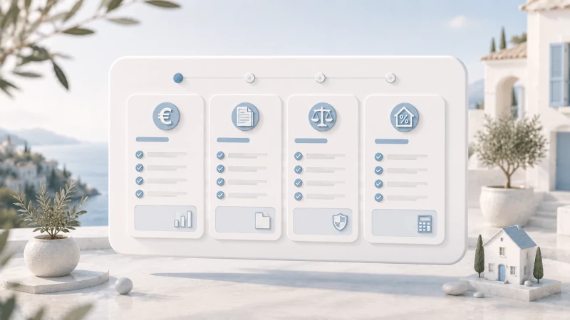 Illustration of a Spanish property buyer checklist with sections for costs, documents, legal checks, and finance
