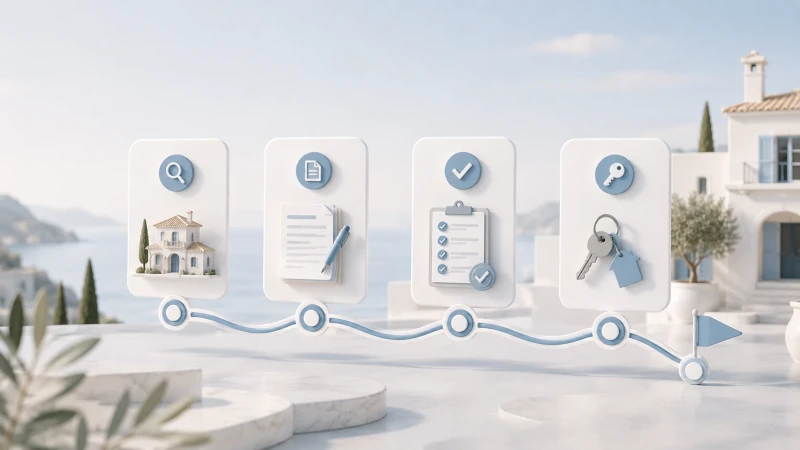 Illustration of a guided Spanish property buying process with clear stages and milestones