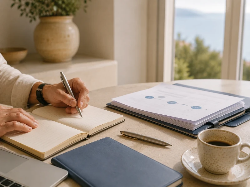 Illustration of a buyer preparing questions before choosing legal support in Spain
